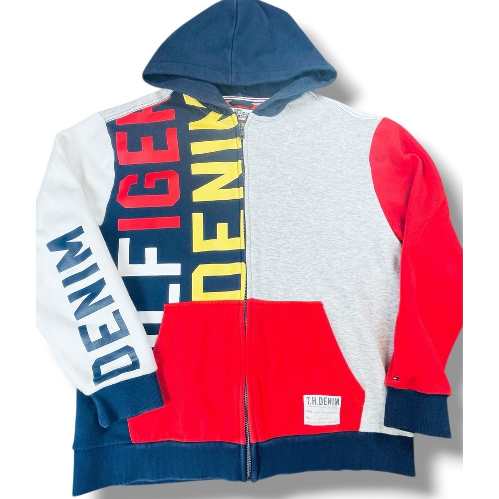 Tommy Hilfiger Denim Hoodie Full Zip Colorblock Logo Unisex Mens  Vintage Color